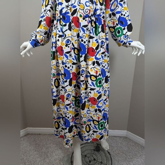 Vintage 80s Abstract Print Midi Dress Colorful Pleated Shoulder Long Sleeve Size - Picture 8 of 8